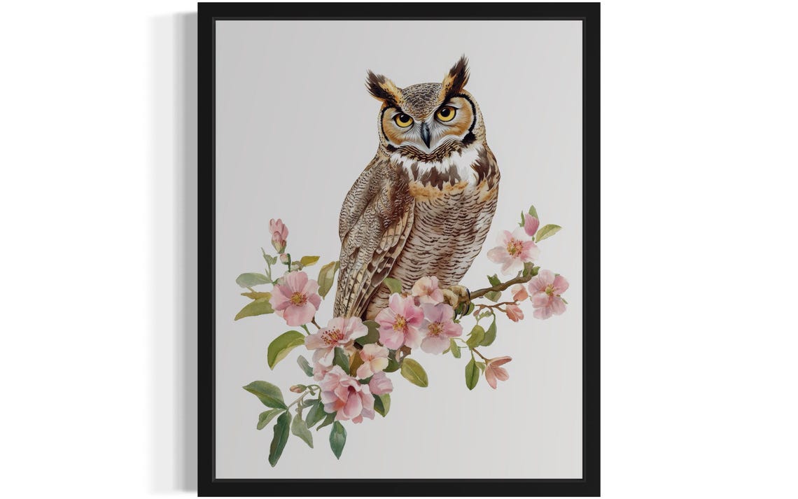 Striking Great Horned Owl on Blossom Branch Watercolor Bird Poster