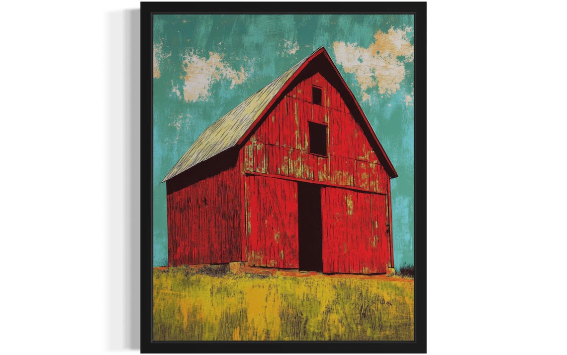 Weathered Red Barn Turquoise Sky Pop Art Farmhouse Landscape Poster