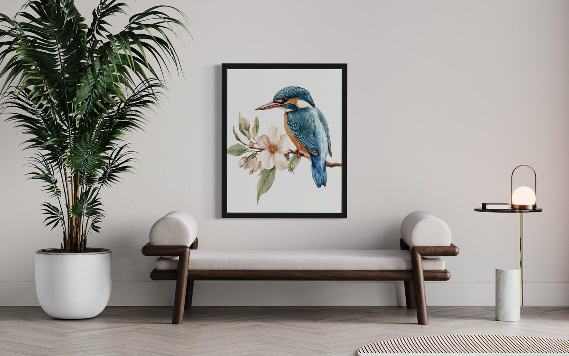 Kingfisher Beside a Blooming Branch Watercolor Bird Art Poster - Image 3