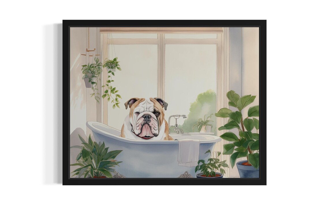 English Bulldog Soaking in Bathtub Funny Bathroom Dog Art Poster