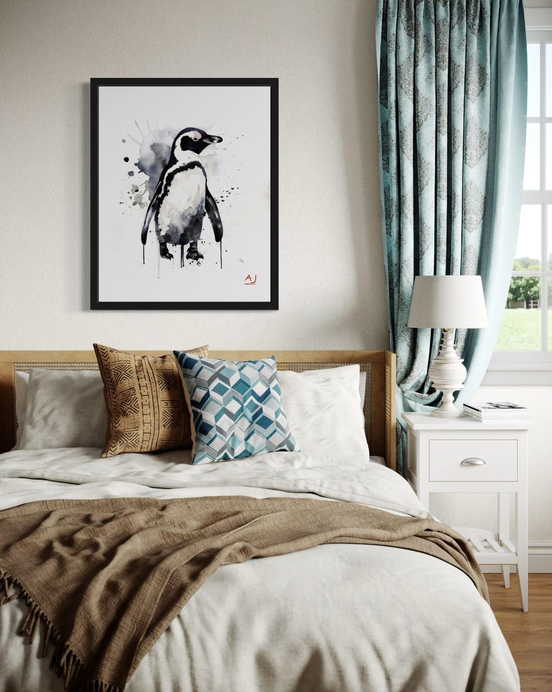 Penguin with Black Ink Splashes Monochrome Watercolor Art Poster - Image 3