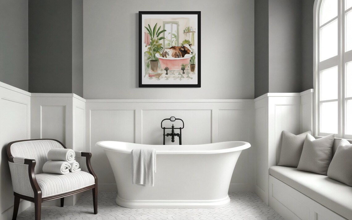 Brown Cow Resting in a Pink Clawfoot Tub Watercolor Bathroom Poster - Image 3