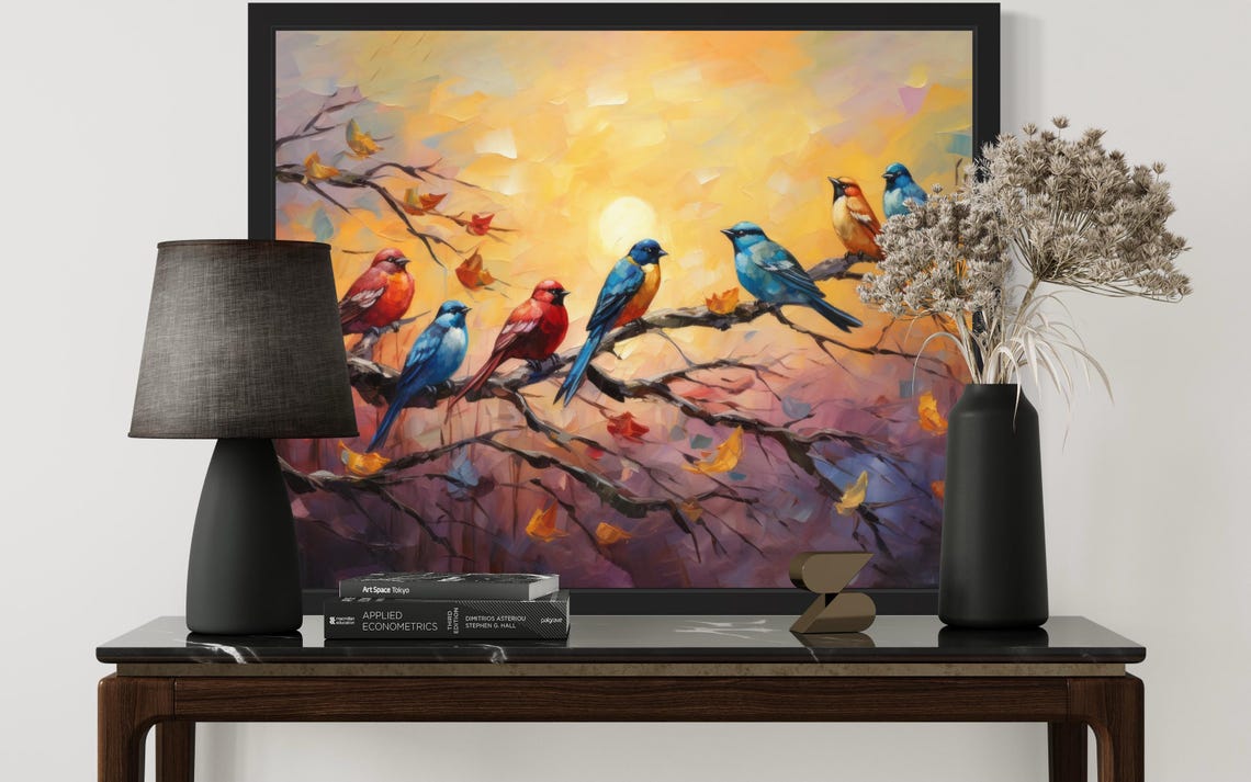 Colorful Songbirds Perched on Branches at Sunset Painting Poster - Image 3