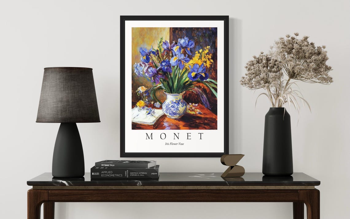 Purple Iris Bouquet in a White Vase Monet Style Floral Poster - Image 3