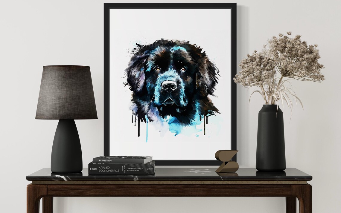 Newfoundland Dog Black Blue Watercolor Splash Portrait Poster - Image 3