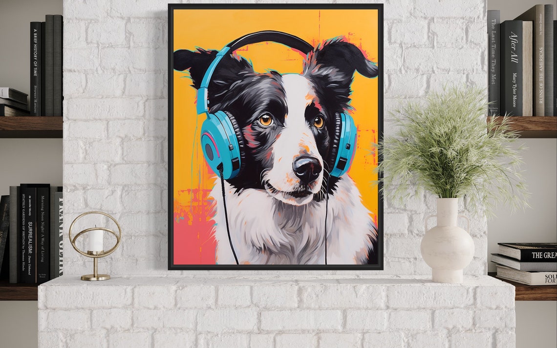 Border Collie Dog Wearing Blue Headphones Pop Art Music Poster - Image 4