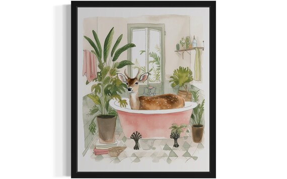 Deer Lounging in a Pink Clawfoot Tub Watercolor Bathroom Poster