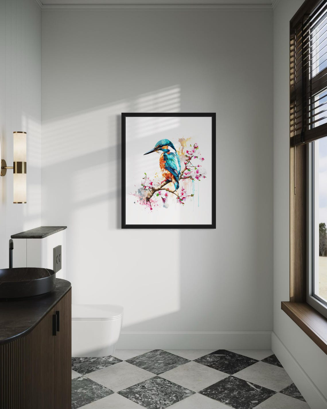 Kingfisher On Blossom Branch In Watercolor Spring Bird Poster - Image 2