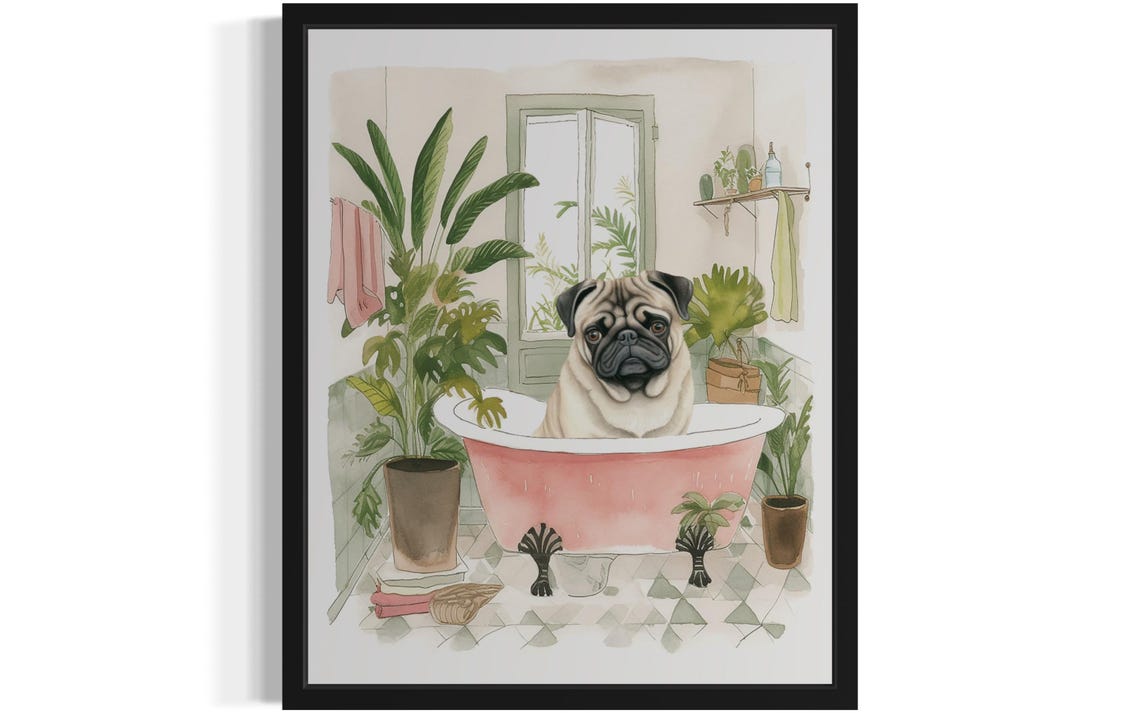 Pug Dog Bath Time Pink Clawfoot Tub Botanical Bathroom Art Poster