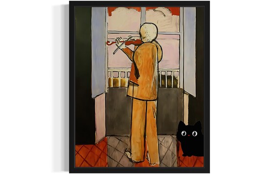 Matisse Inspired Violinist By Window With Playful Black Cat Poster