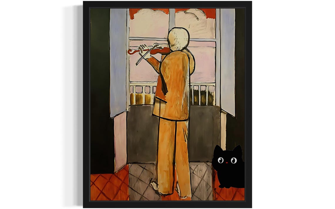 Matisse Inspired Violinist By Window With Playful Black Cat Poster