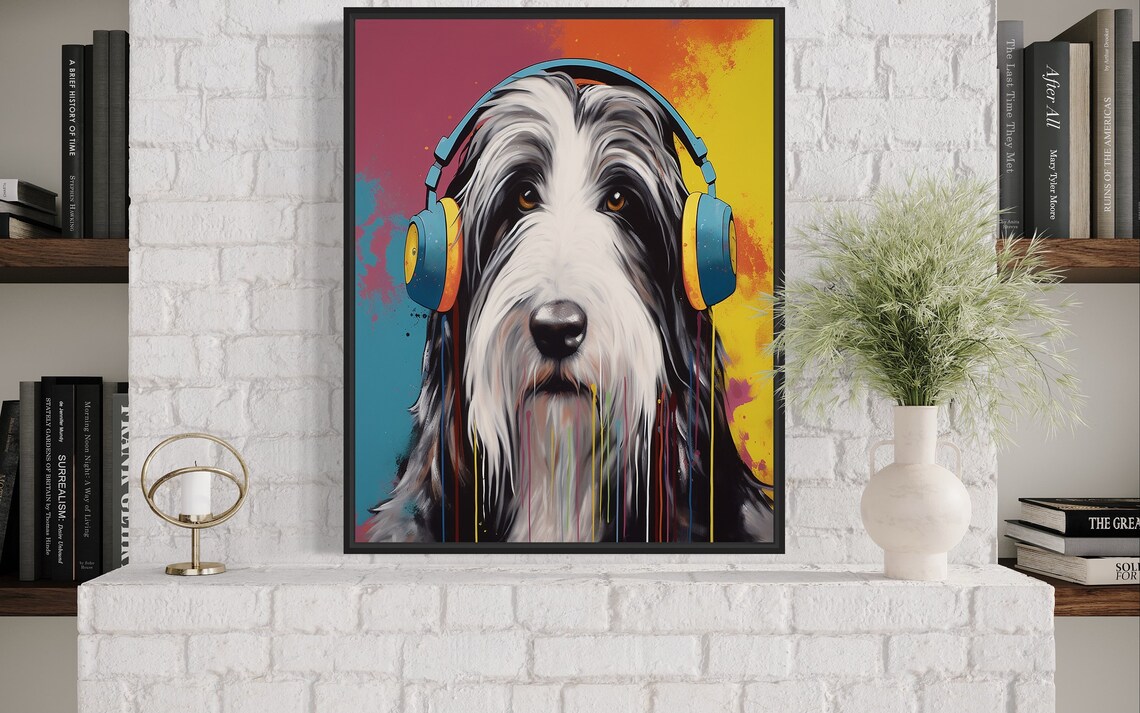 Bearded Collie Wearing Headphones Colorful Pop Dog Art Poster - Image 4