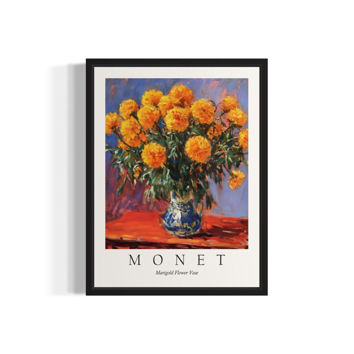 Golden Marigolds in a Blue Vase Monet Style Cheerful Flower Poster