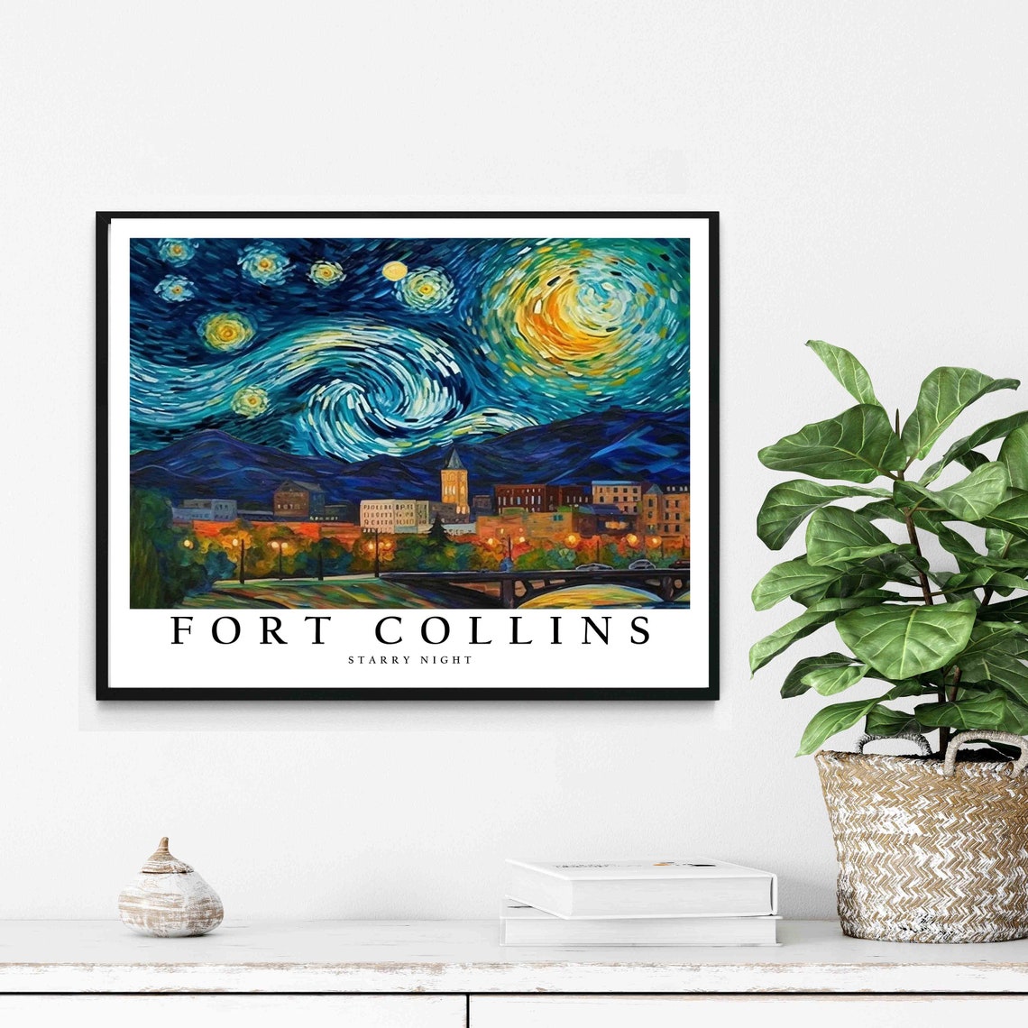 Fort Collins Starry Night Bridge Clock Tower Mountain View Poster - Image 2