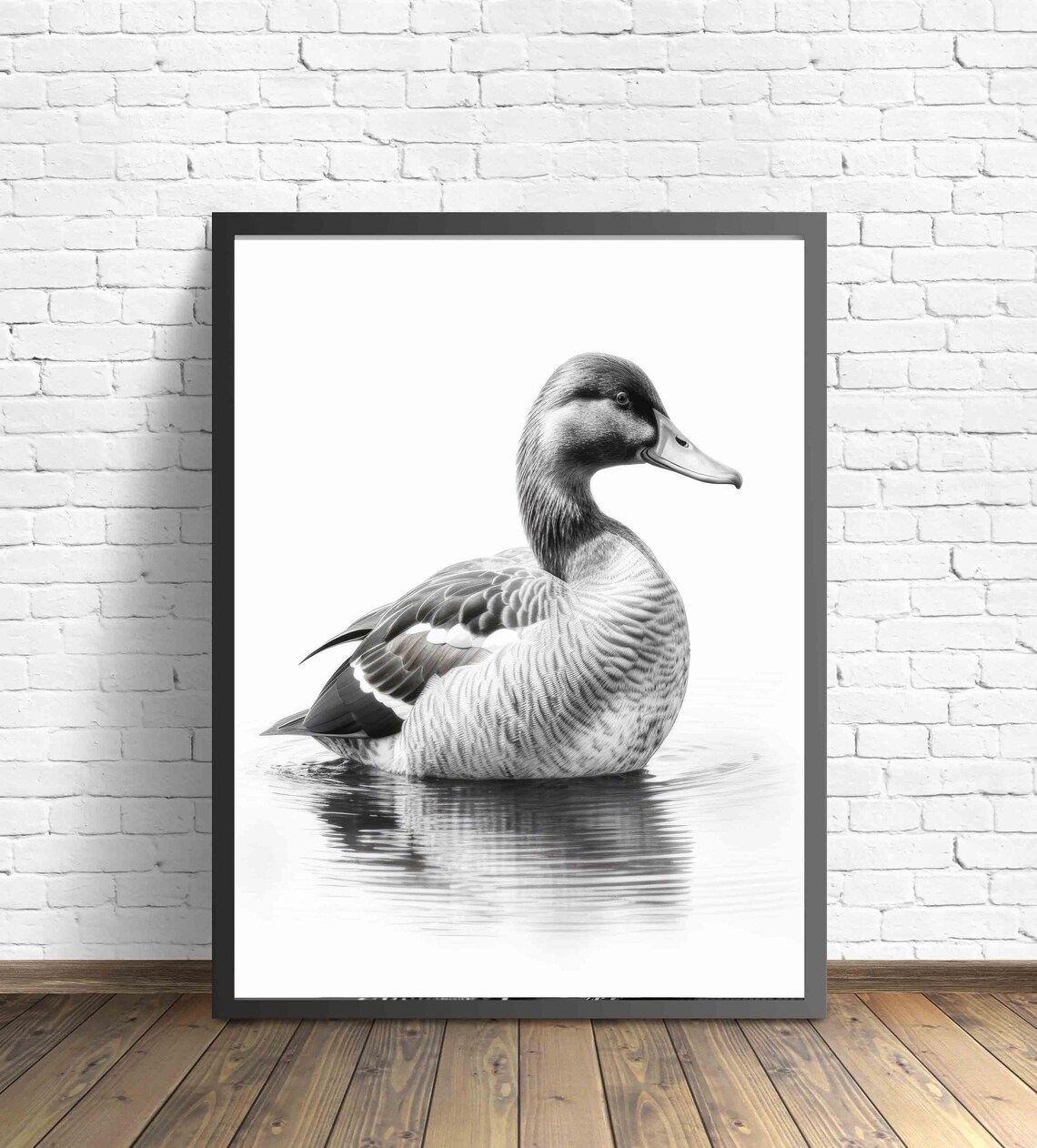 Serene Duck Swimming on Calm Water in Black and White Art Poster - Image 2