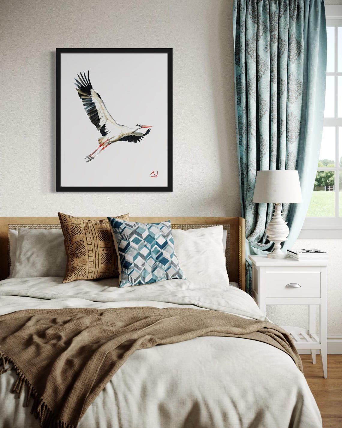White Stork Spreading Wings in Flight Watercolor Bird Painting Poster - Image 4