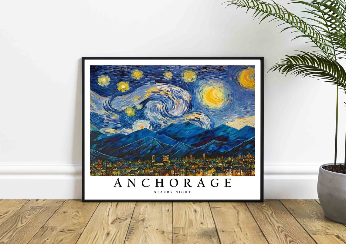Anchorage Starry Night Mountain Peaks City Lights View Poster - Image 4
