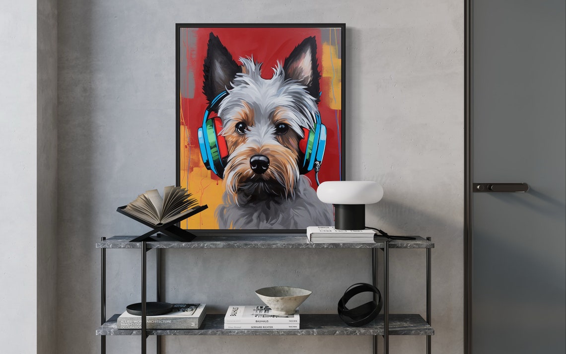 Silky Terrier Dog Wearing Headphones Vivid Red Pop Art Music Poster - Image 2