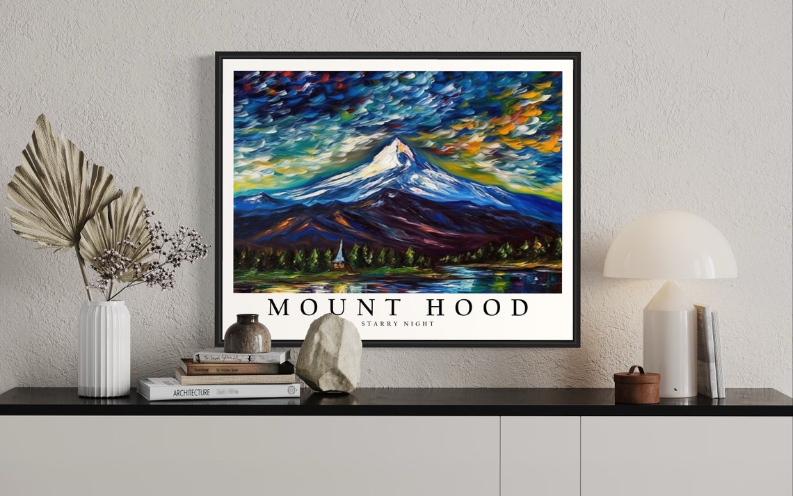 Mount Hood Starry Night Art Print Van Gogh Style Poster Wall Art Original Painting Decor - Image 2