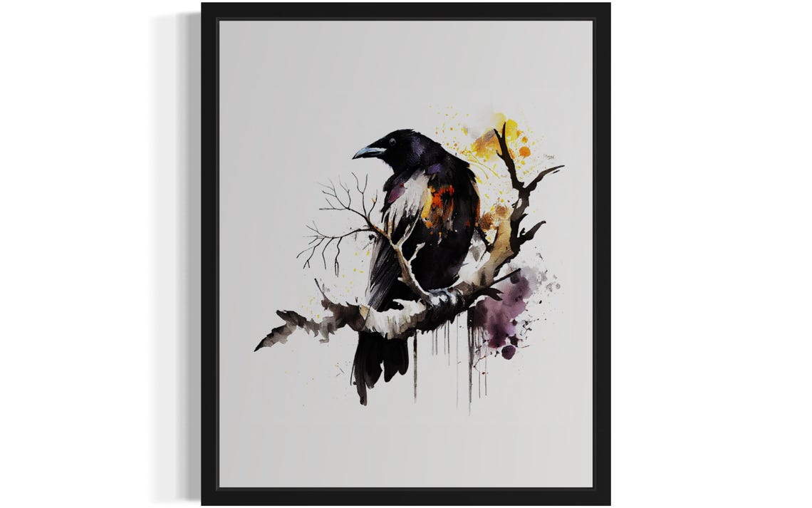 Crow On Bare Branch Watercolor With Orange Accents Bird Poster