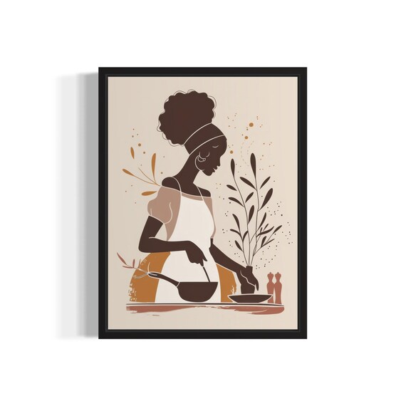 African Woman Cooking Kitchen Silhouette Boho Warm Neutral Art Poster