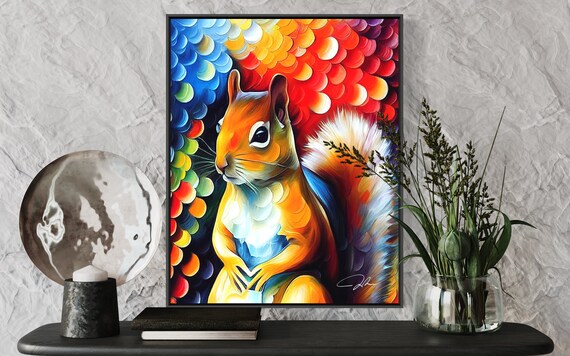 Red Squirrel Colorful Abstract Wildlife Oil Portrait Art Poster