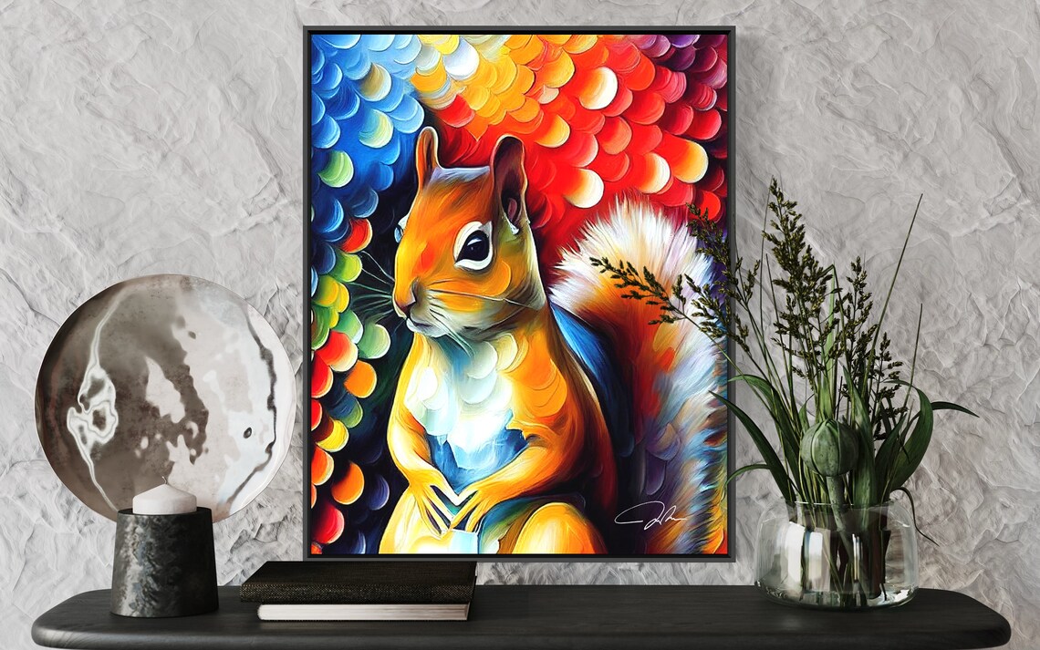 Red Squirrel Colorful Abstract Wildlife Oil Portrait Art Poster