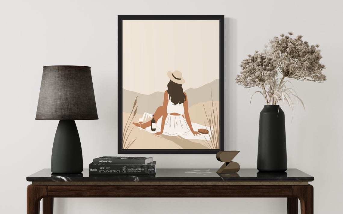 Woman Picnic Among Dunes White Dress Wine Summer Boho Art Poster - Image 3