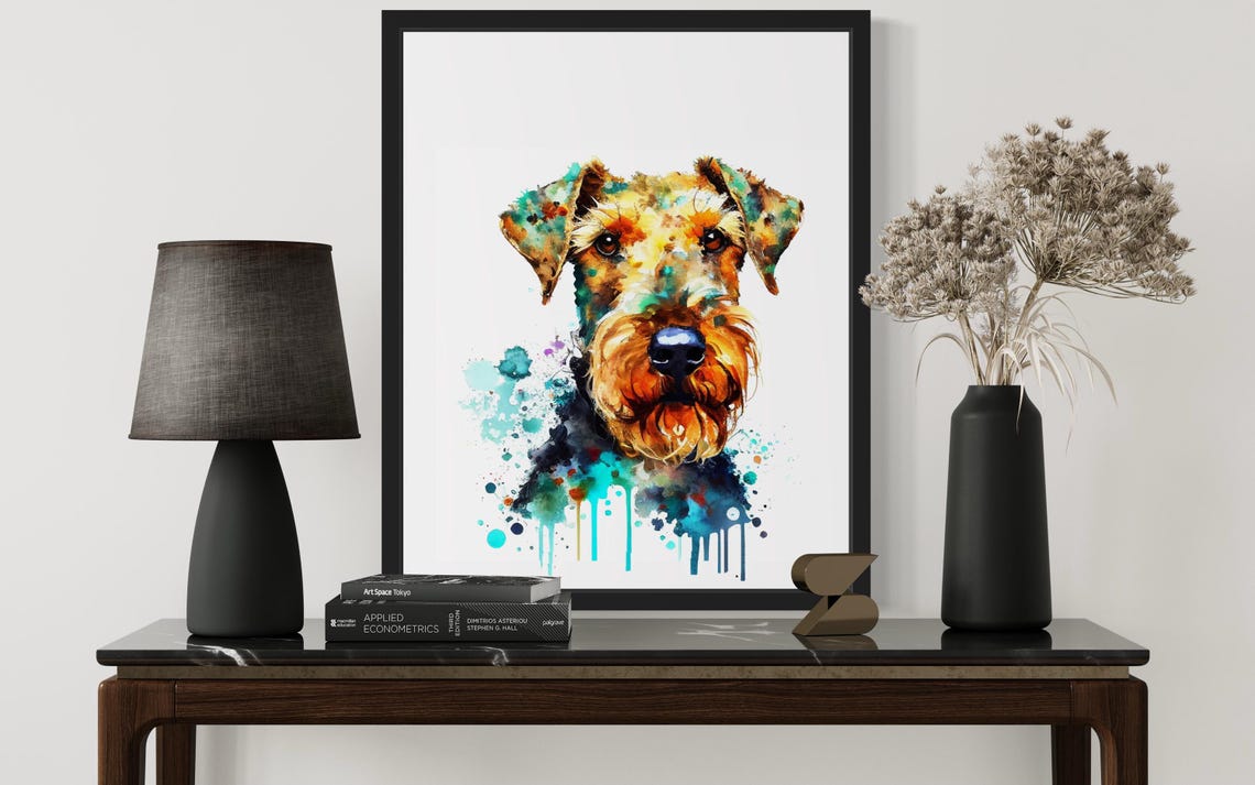 Airedale Terrier Watercolor Portrait Teal Splash Ink Art Poster - Image 3