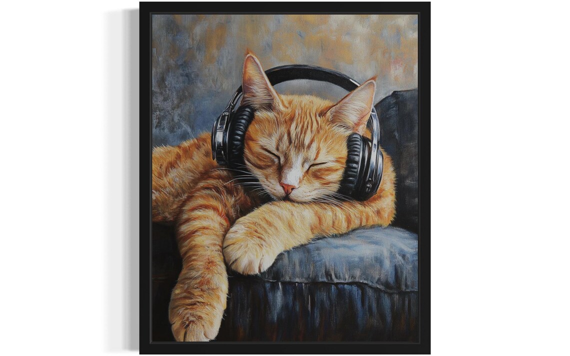Orange Tabby Cat Sleeping with Headphones Oil Painting Poster