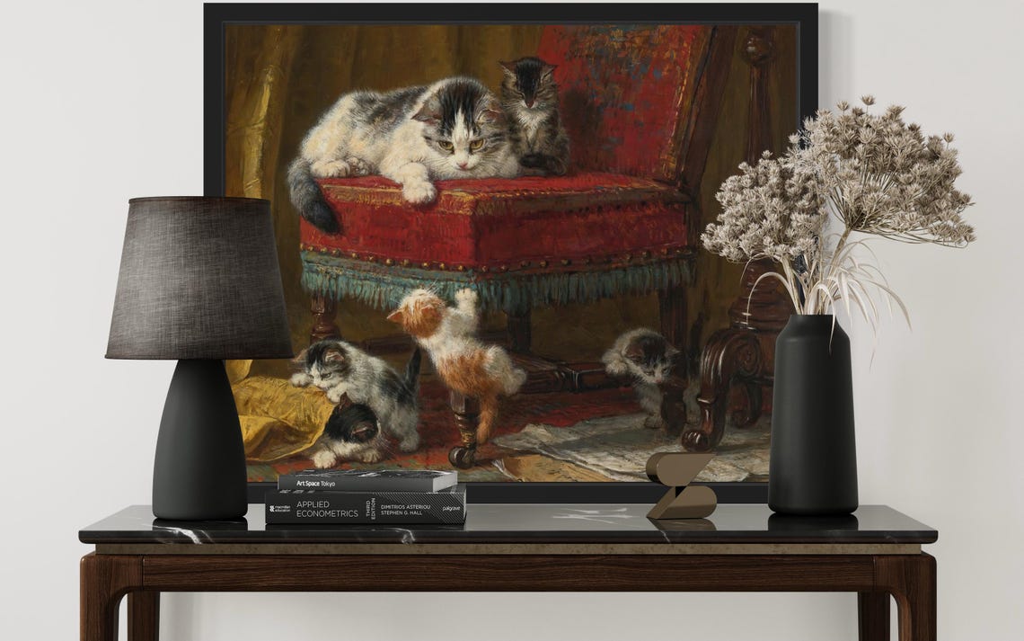 Five Playful Kittens Around Ornate Red Chair Vintage Painting Poster - Image 2