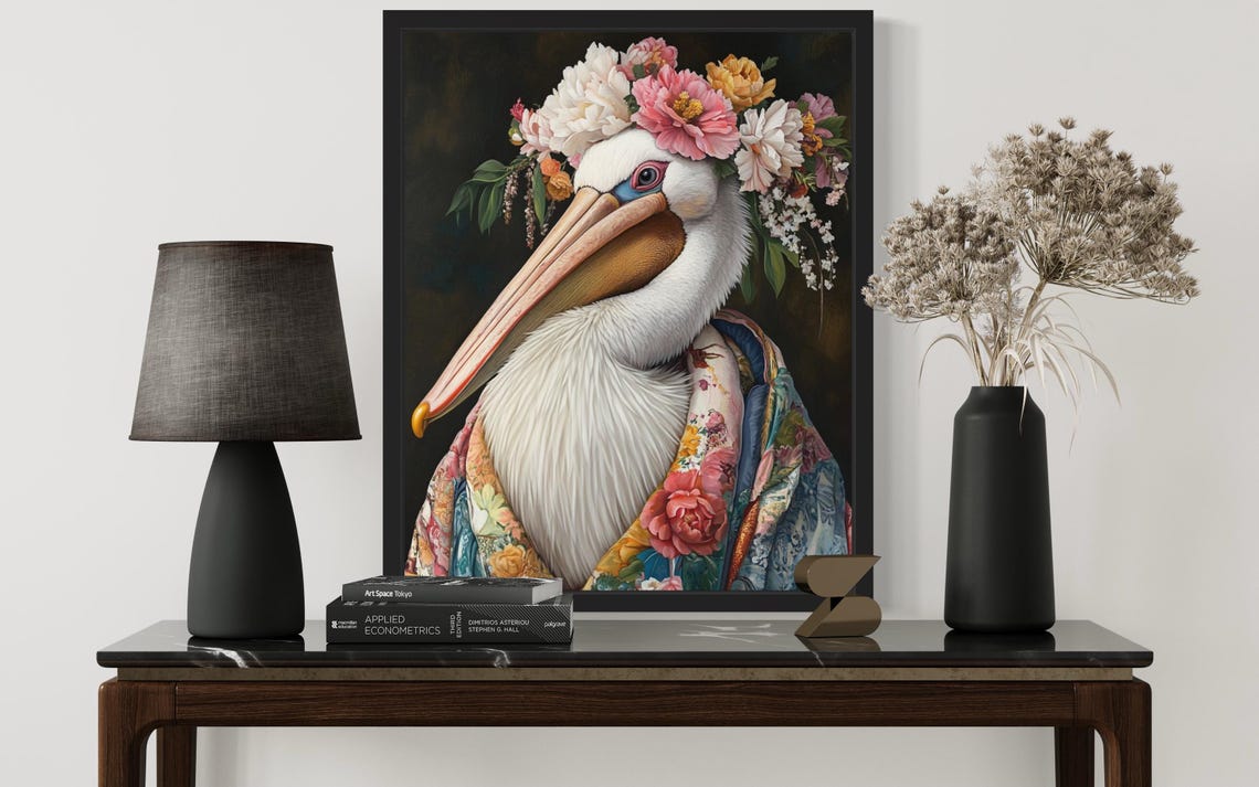 White Pelican in Flower Crown and Floral Robe Portrait Poster - Image 3