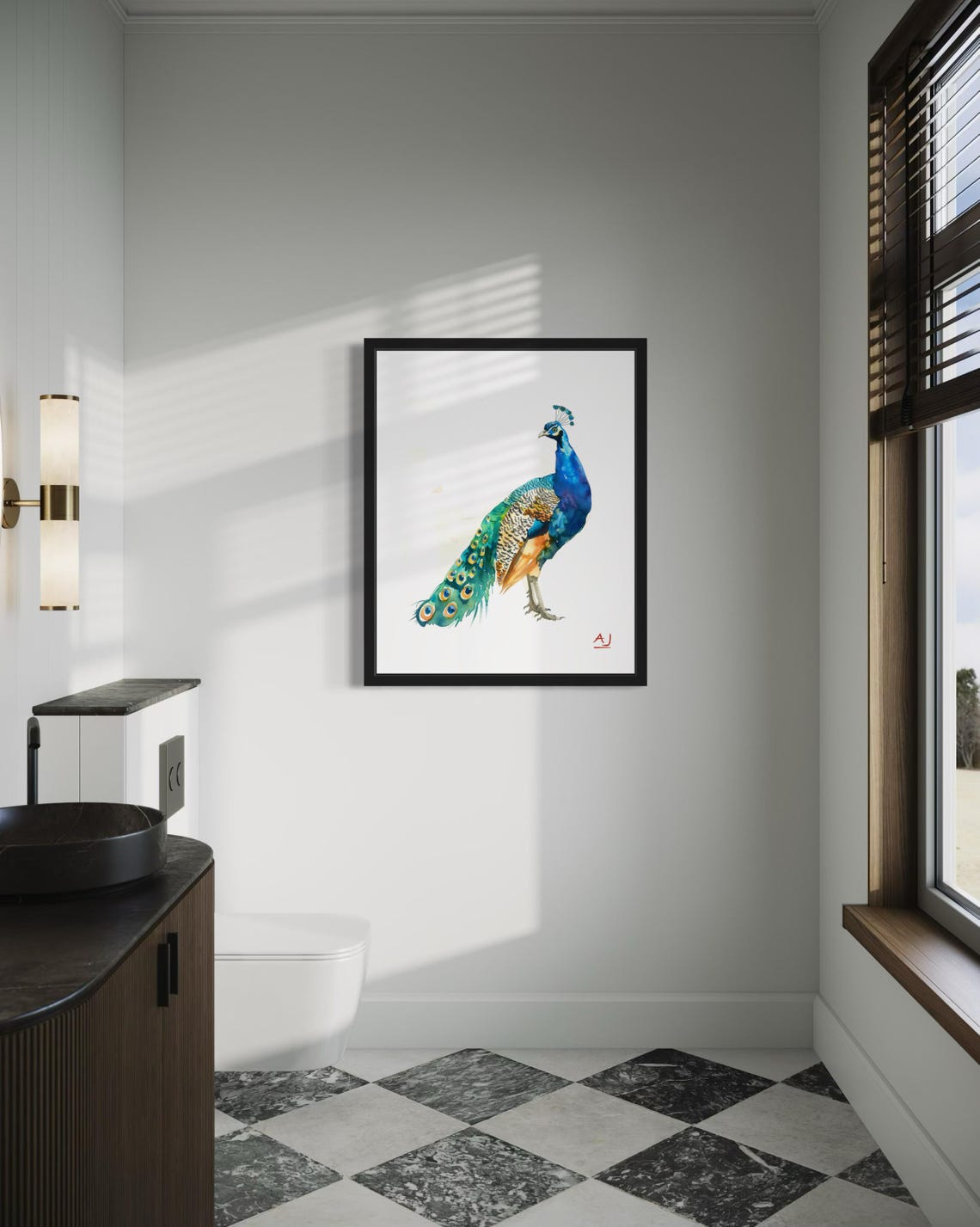 Peacock Displaying Iridescent Blue Green Tail Watercolor Poster - Image 3