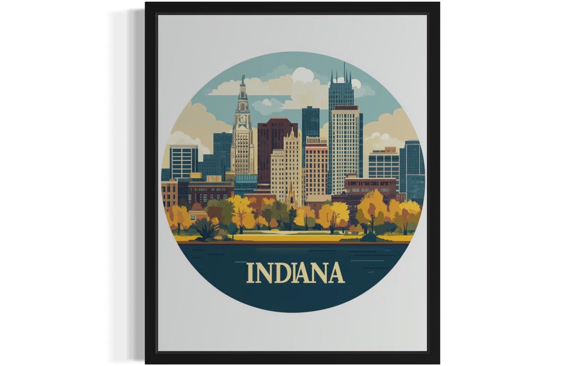Indiana Downtown Skyline Circle Autumn Trees Riverbank Poster