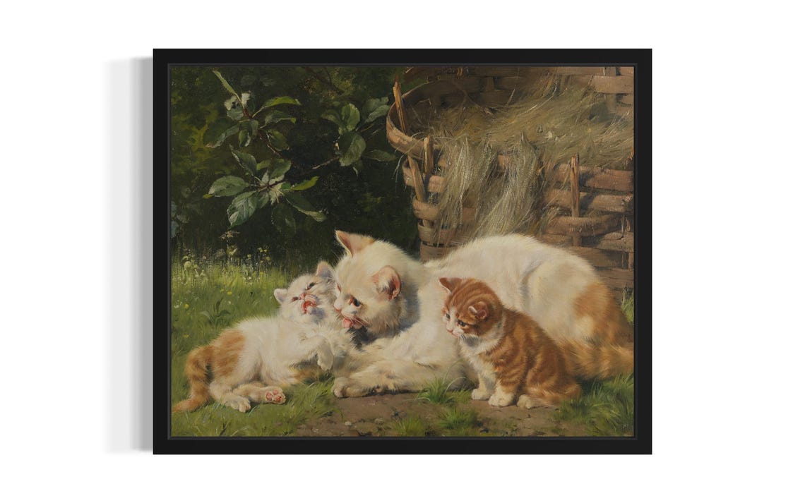 White Mother Cat With Two Kittens On Grass By Wicker Basket Poster