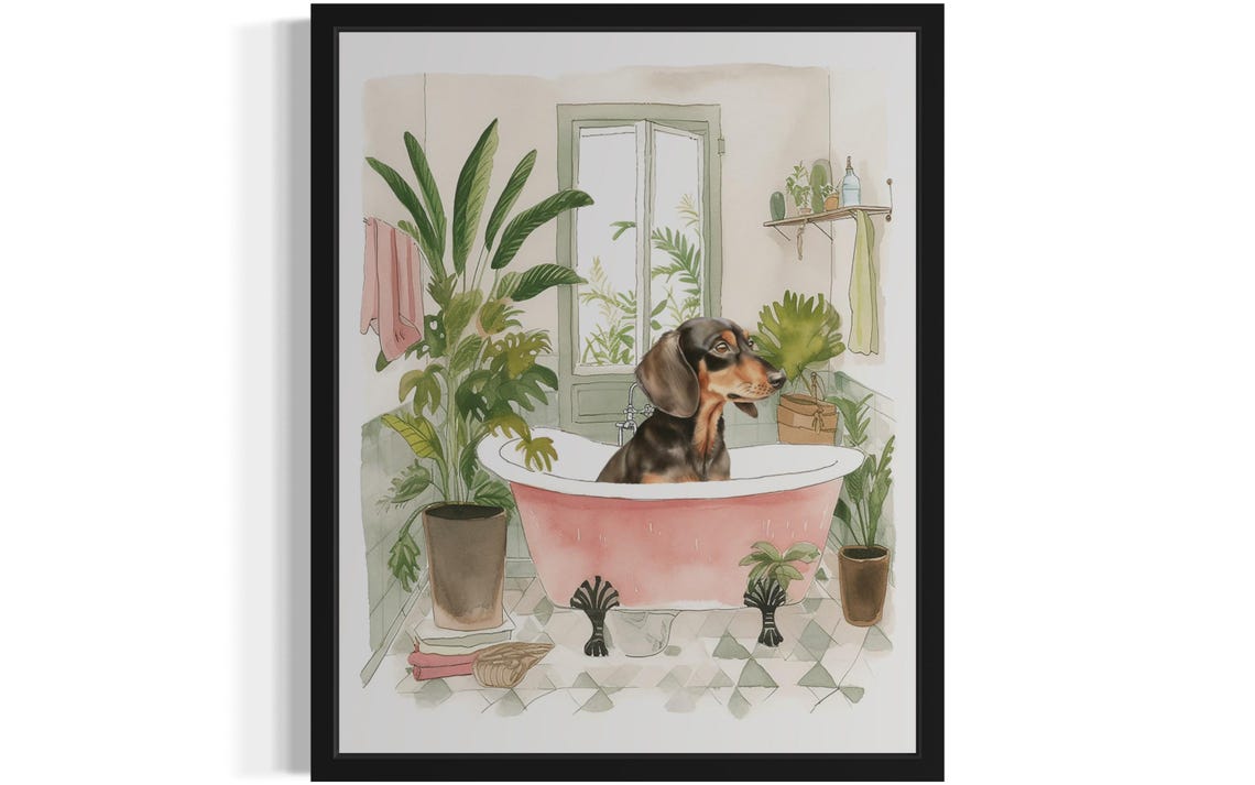 Dachshund Bath Time In Pink Tub Botanical Bathroom Art Poster
