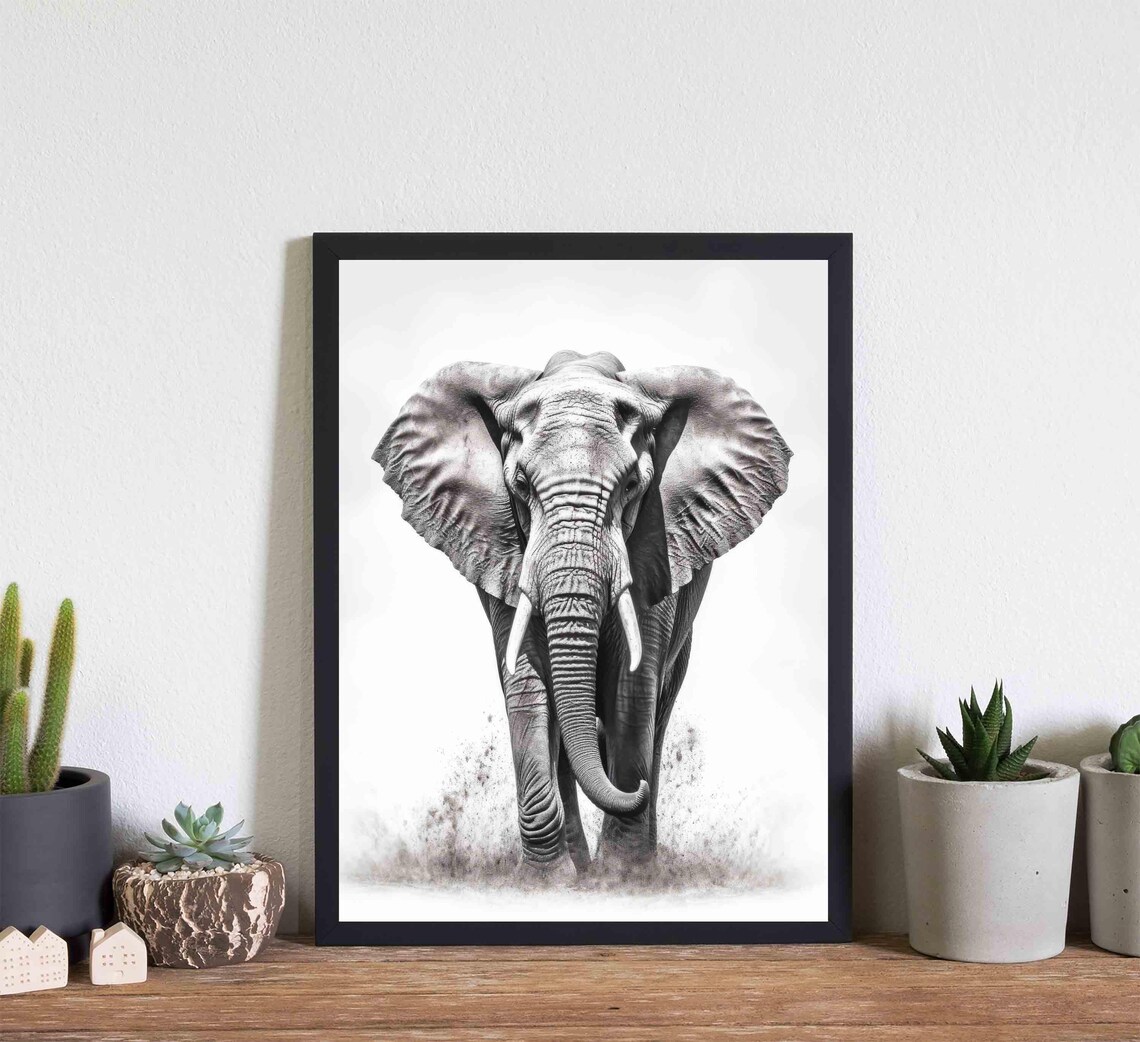 Elephant Black and White Majestic Full Body Wildlife Portrait Poster - Image 2