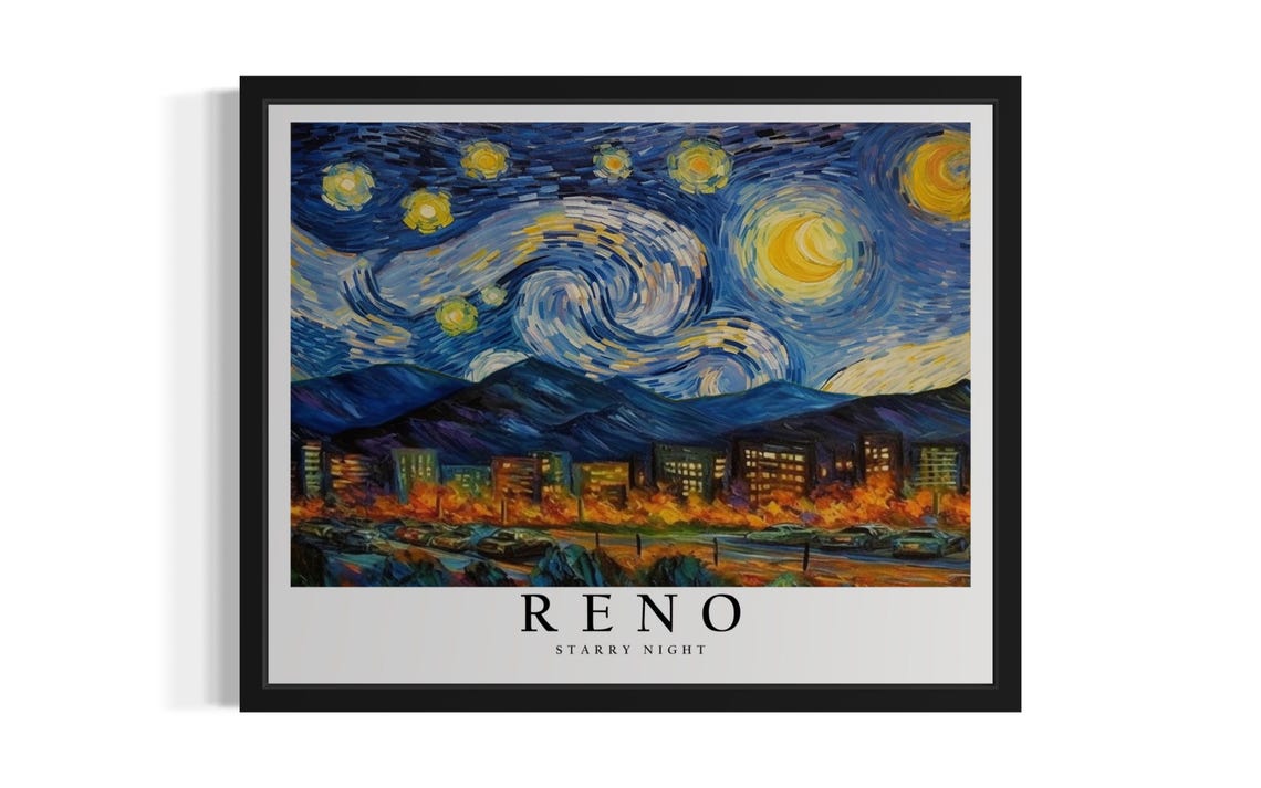 Reno Nevada Starry Night City Buildings Desert Mountains Art Poster