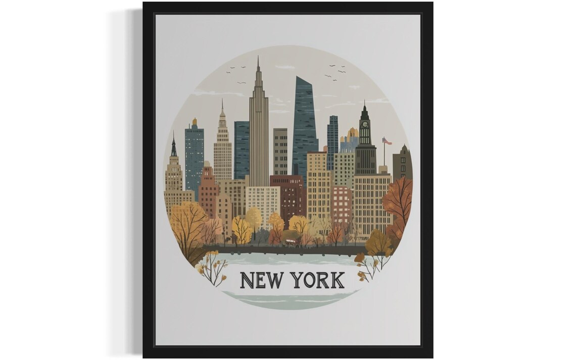 New York City Autumn Skyline Circle Travel Illustration Poster