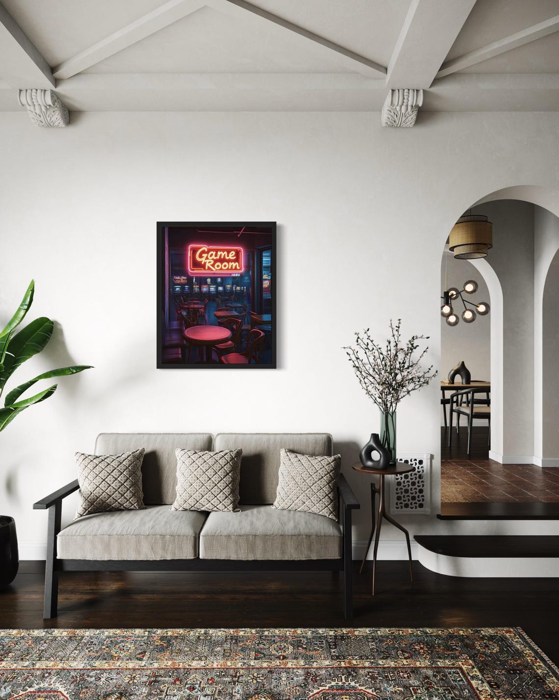 Moody Neon Game Room Sign in Dark Retro Arcade Interior Poster - Image 2
