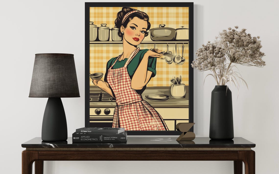 Retro 1950s Housewife in Gingham Apron in Vintage Kitchen Poster - Image 4
