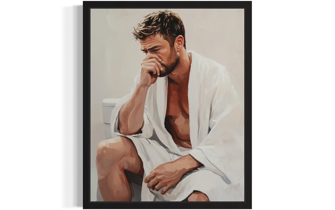 Man in White Robe Holding Nose on Toilet in Funny Pose Poster