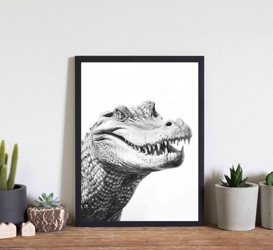 Crocodile Close Up Portrait in Black and White Sketch Poster - Image 2