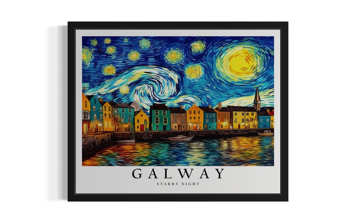 Galway Ireland Colorful Harbor Starry Night Waterfront Poster