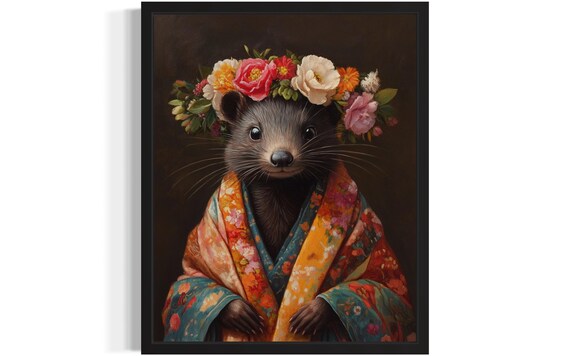 Mink In Floral Kimono With Flower Crown Whimsical Animal Portrait Poster