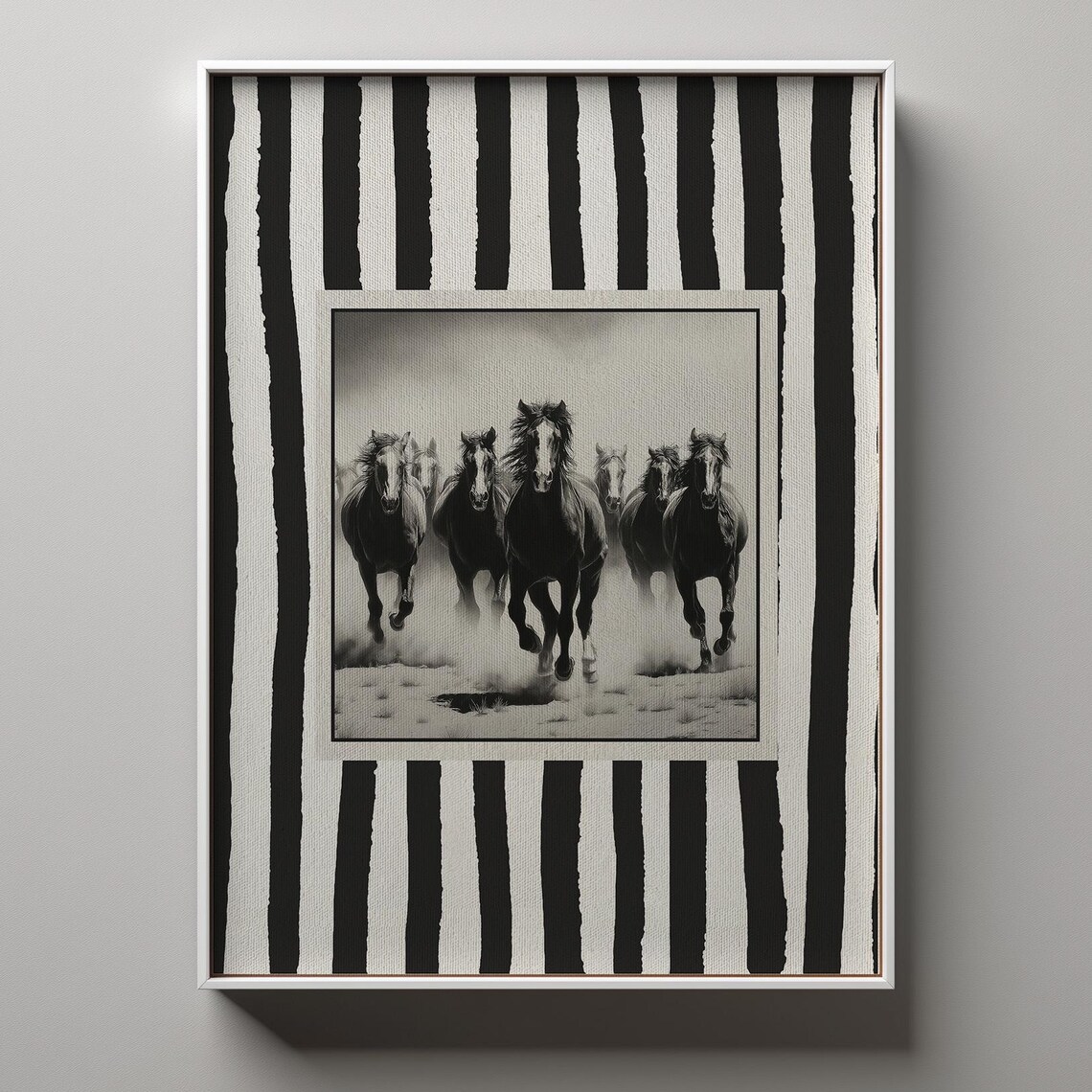 Wild Horses Running Black and White Striped Western Scene Poster