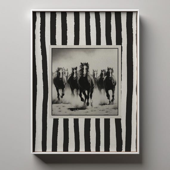 Vintage Striped Rodeo Print Western Living Room Poster Cowboy Wall Art Rustic Mid West Black White Modern Decor Wild Horses