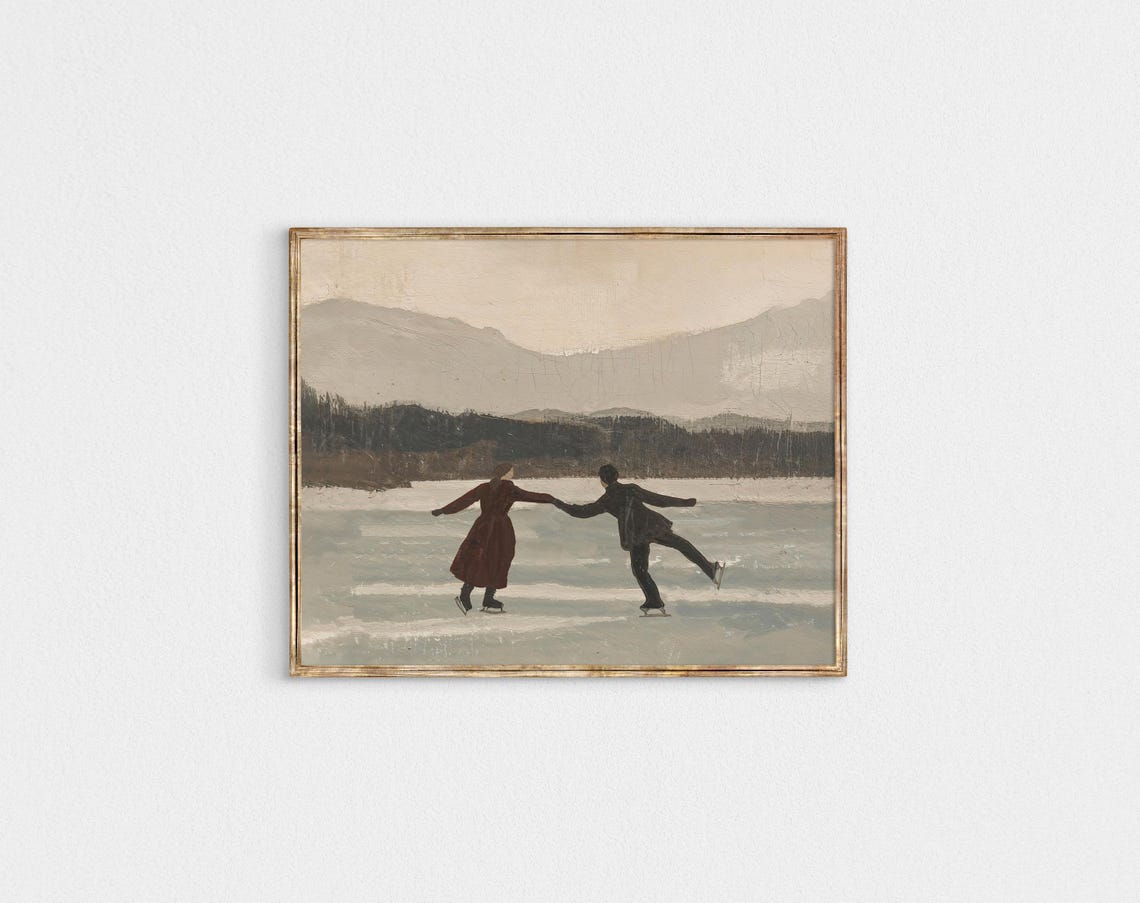 Ice Skating Couple Frozen Lake Vintage Romantic Winter Poster