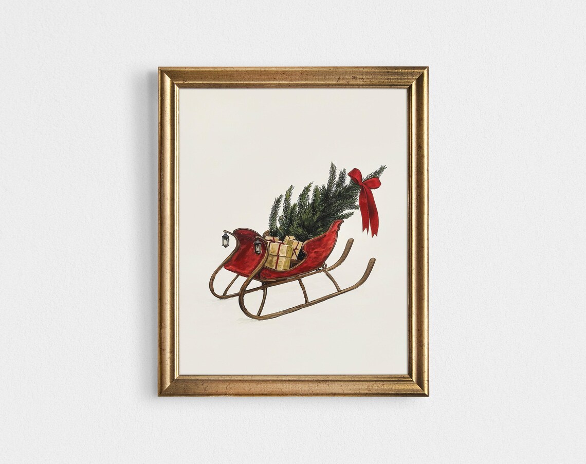 Vintage Red Christmas Sleigh Tree Gifts Minimalist Art Poster - Image 2