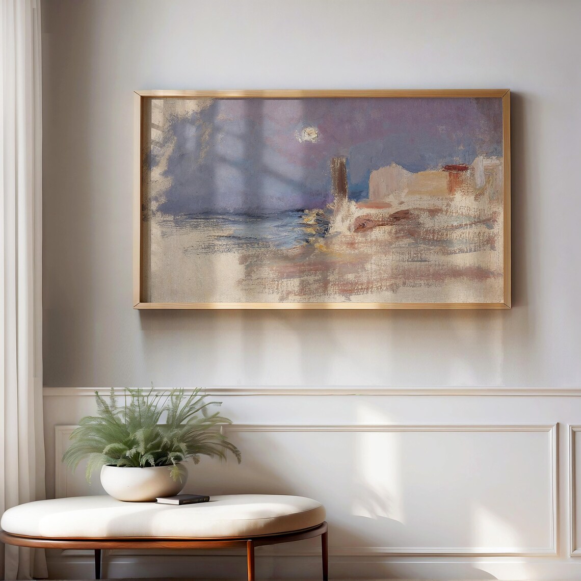 Moonlit Coastal Town Evening Impressionist Seascape Painting Poster - Image 2